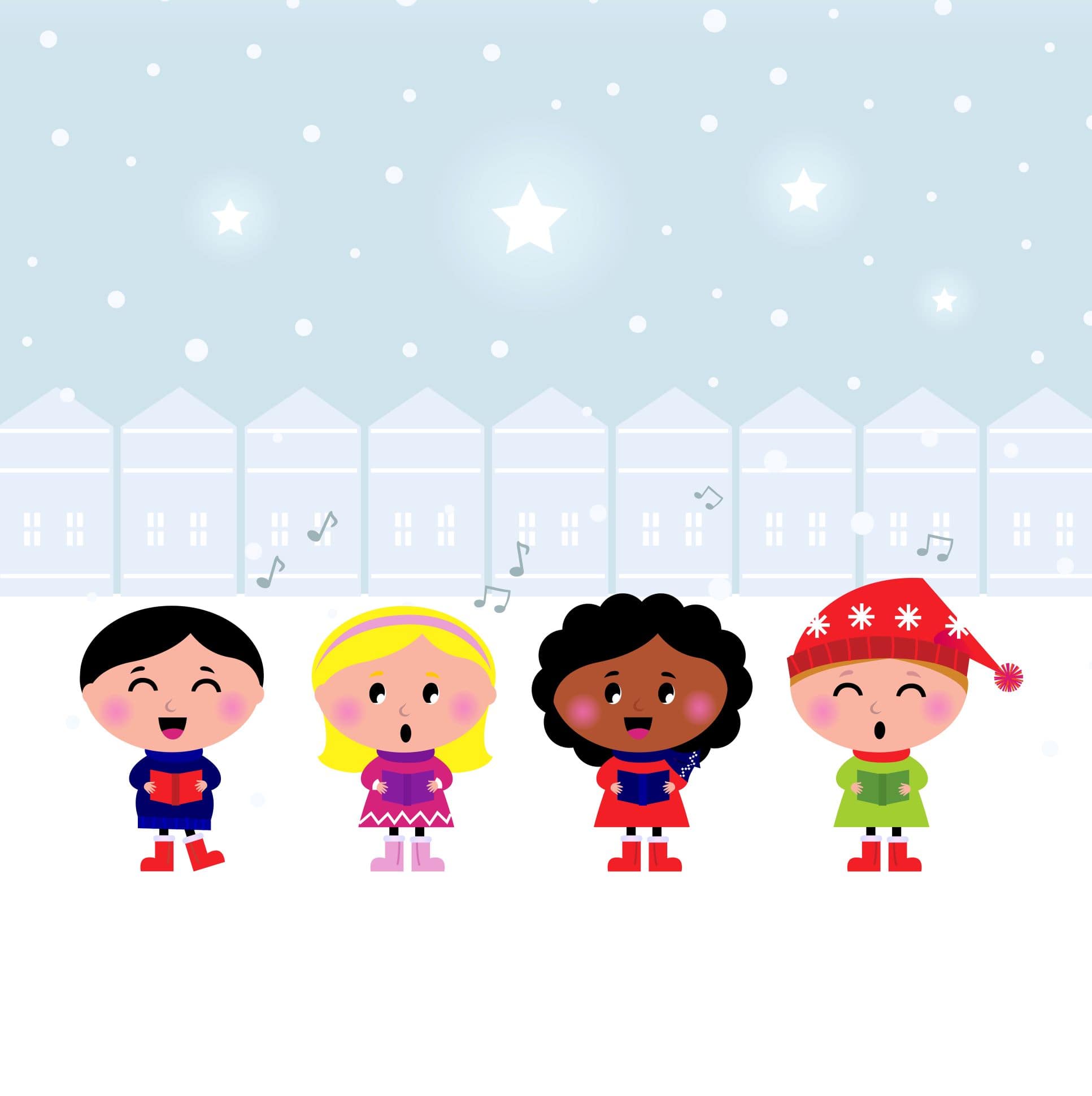 Cartoon of 4 kids Christmas caroling merrily next to one another