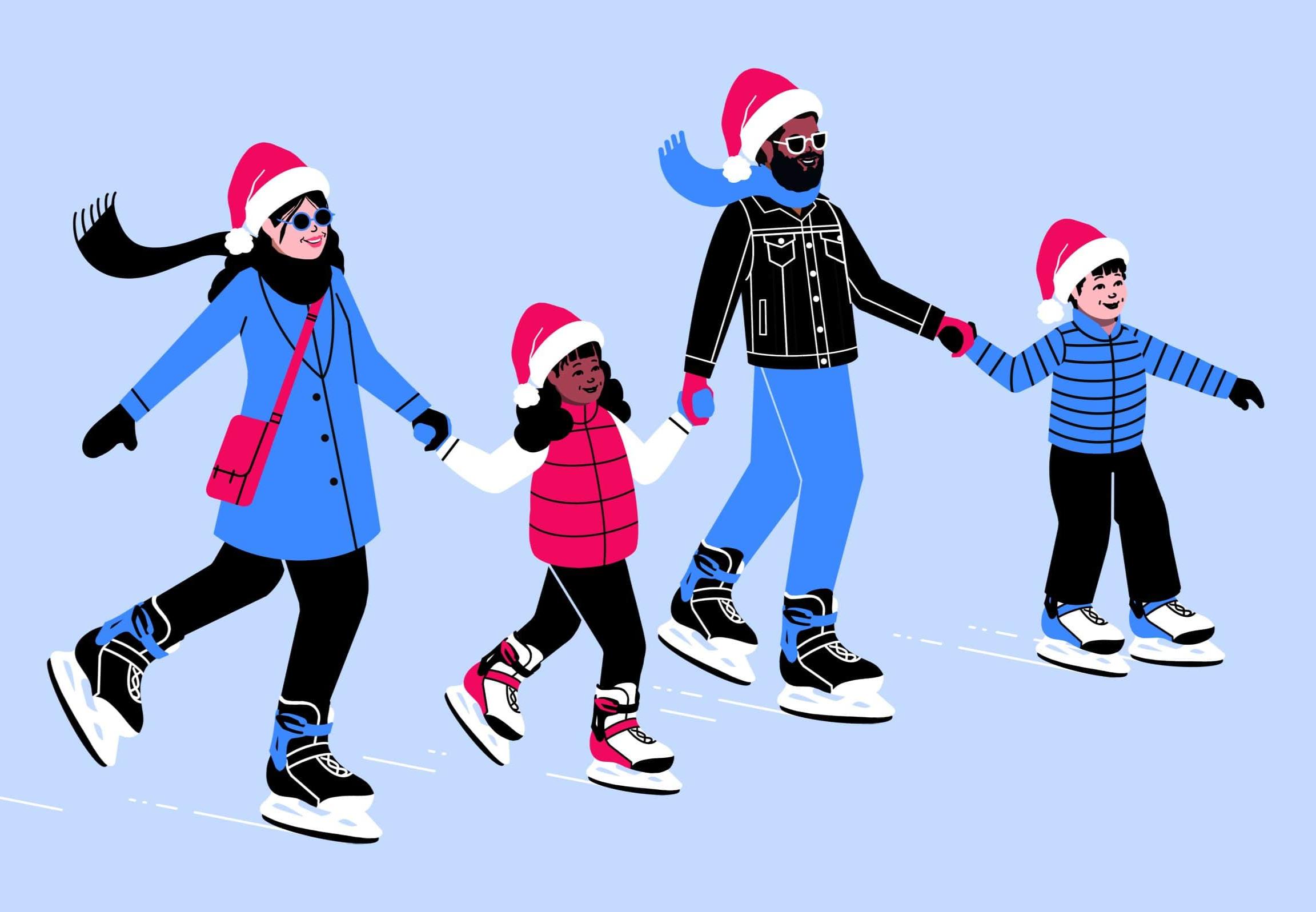 cartoon of  a happy mixed family ice skating during winter wearing Santa hats and outdoor winter clothes.