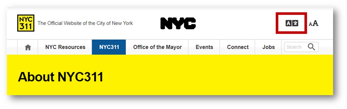 NYC311 website banner with translate icon.