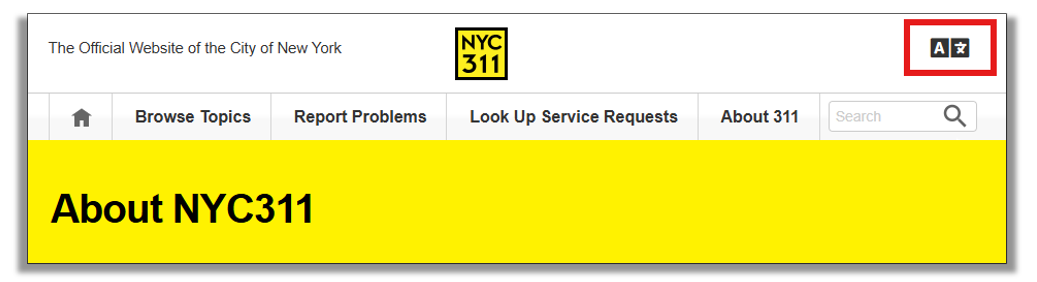 NYC311 website banner with translate icon.
