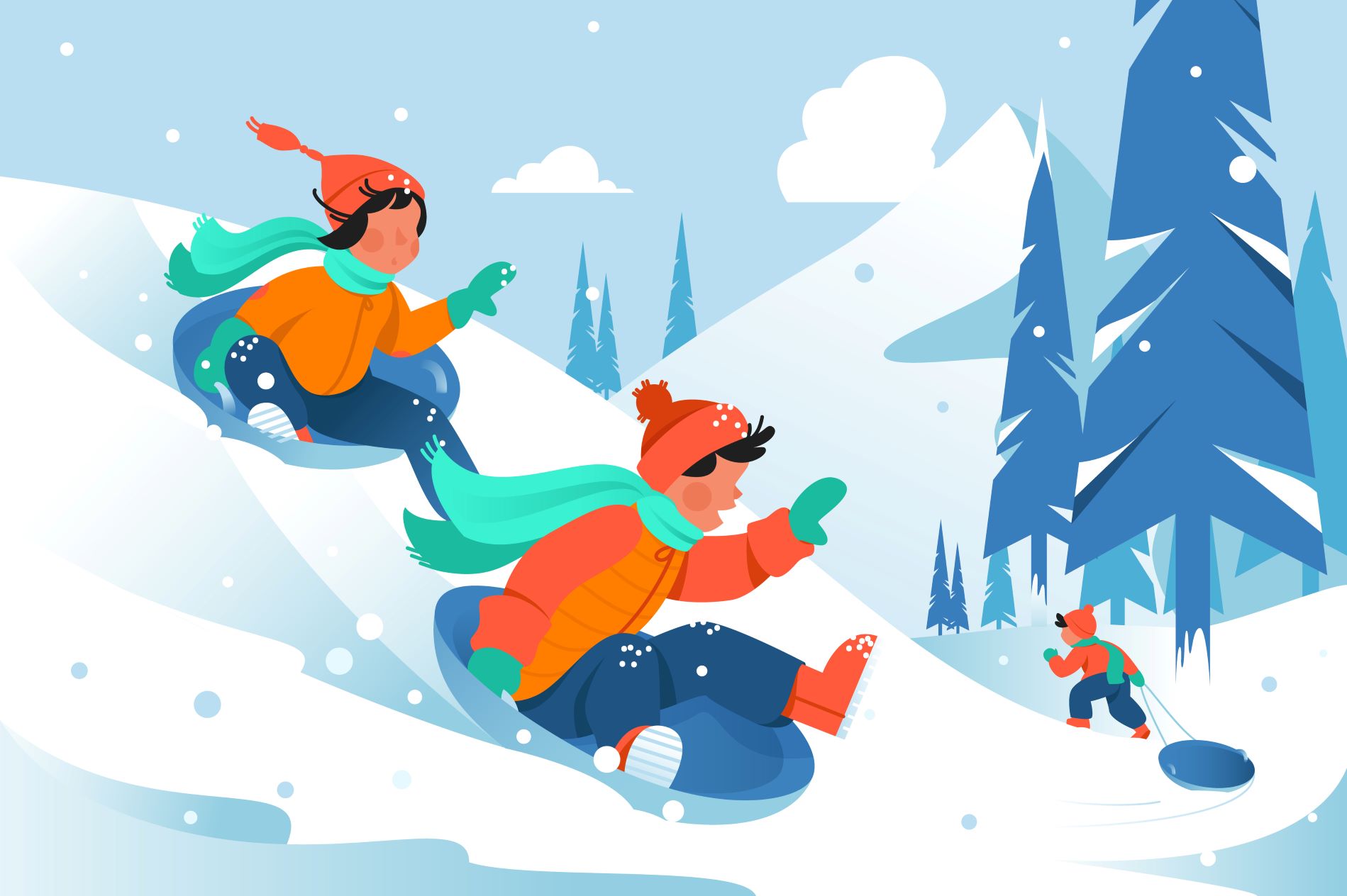 Cartoon of 2 kids sledding down hill in snowy forest