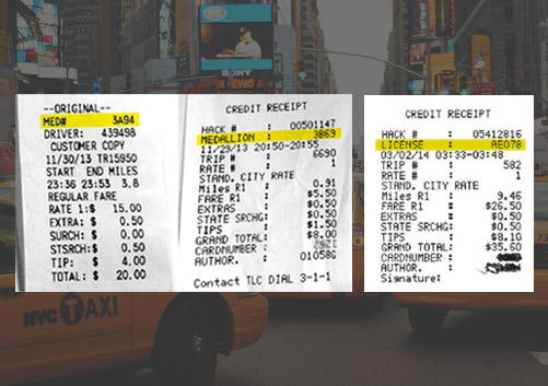 Taxi receipts highlighting the medallion or license number, located near the top of the receipt.