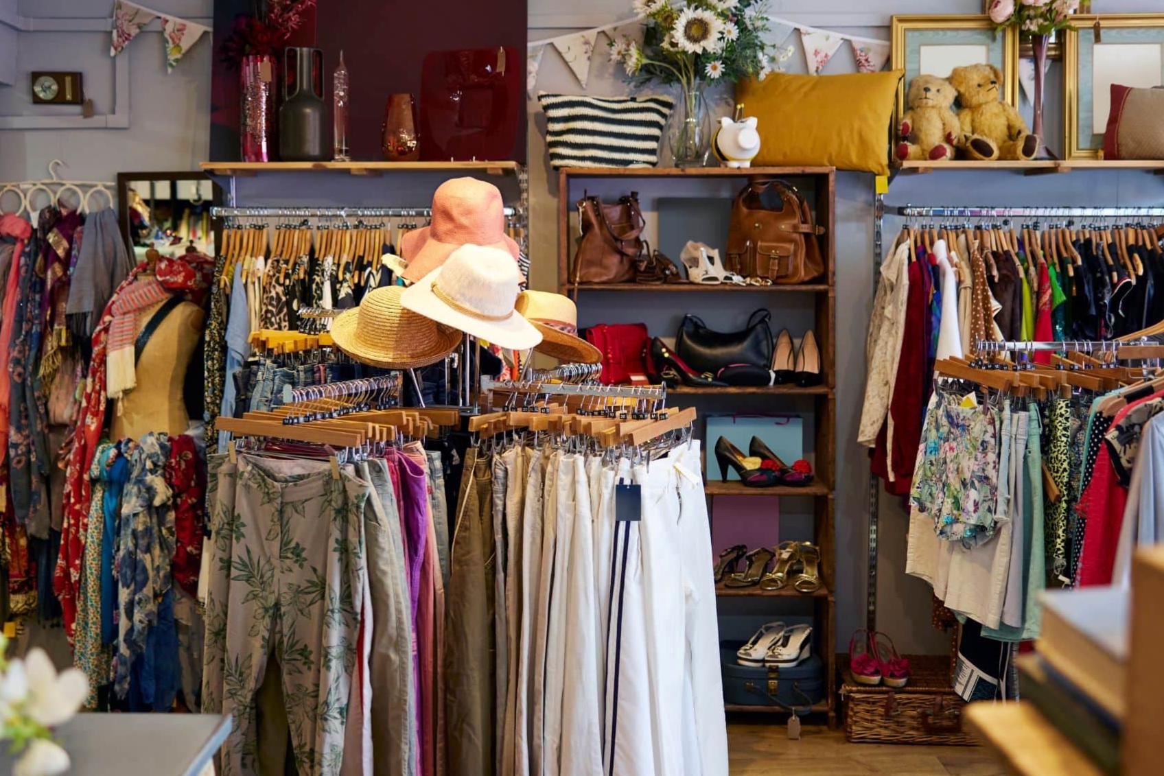 Interior Of Charity Shop Or Thrift Store Selling Used And Sustainable Clothing And Household Goods